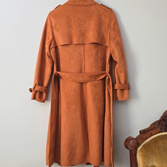 Few Moda New York Faux Suede 70's Trench Coat Medium Open Front Old Money Mob - Picture 4 of 8